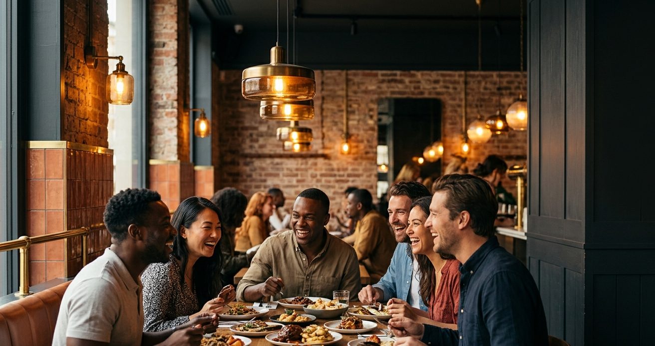 Friends enjoying a meal together at a modern restaurant