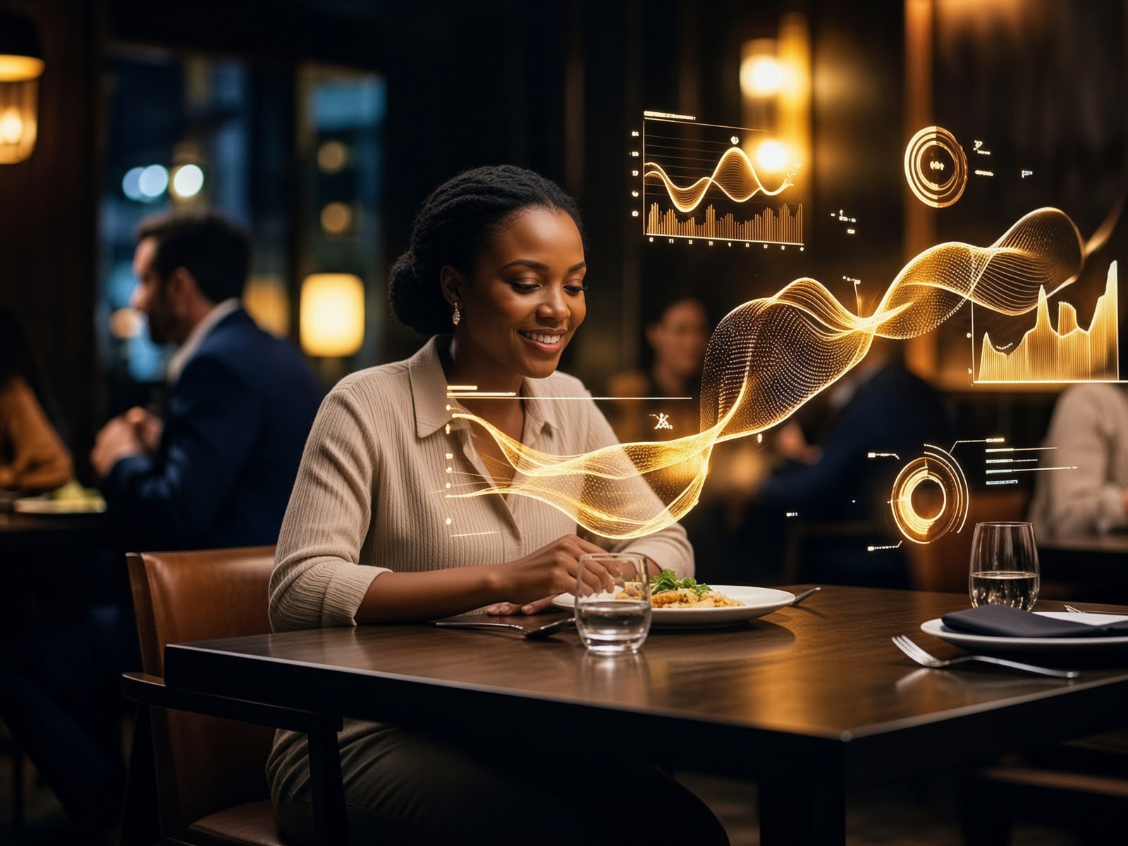 A returning guest smiling at the table with Yemo's live insights flowing around her