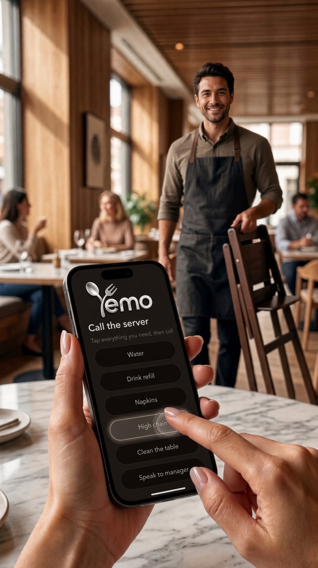 A guest tapping the Yemo server request on their phone as a server approaches